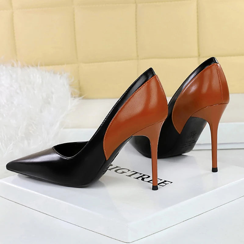 Women Fashion Leather Mix Color 9.5cm High Heels Female Elegant Daily Office Date Shoes Lady Concise Pointed Toe Stiletto Pumps