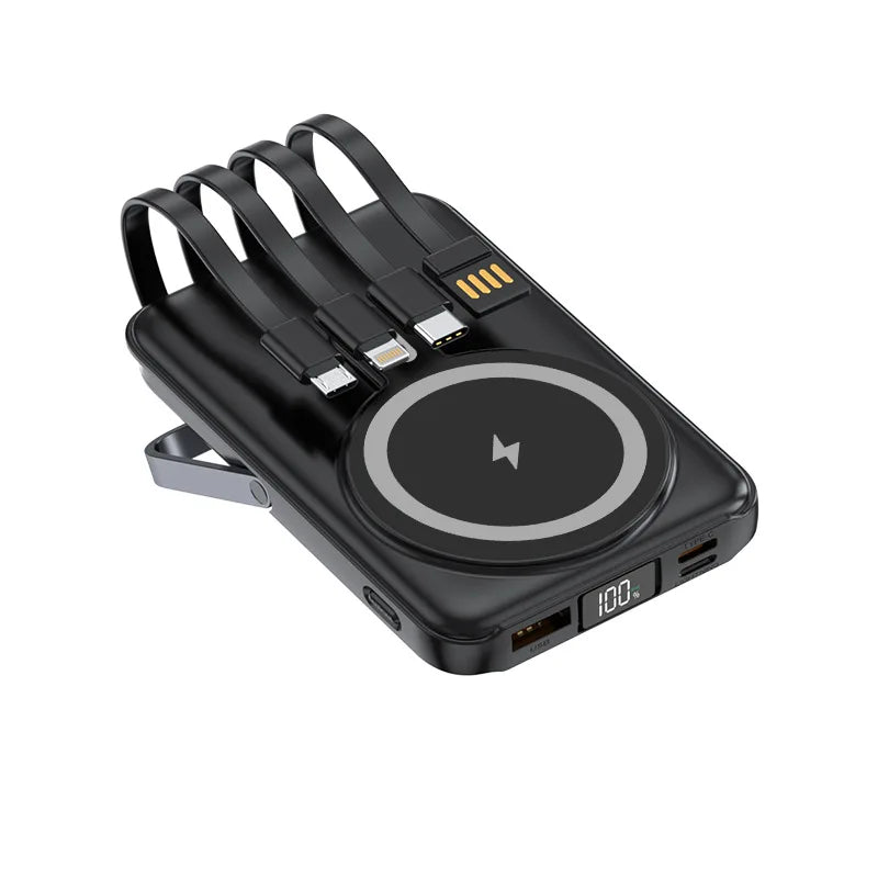 Power Bank Magnética 20.000 mAh – Carregamento Sem Fios com Cabos Integrados e Suporte