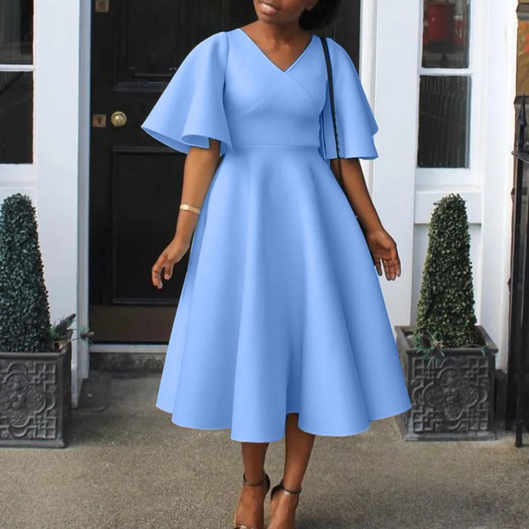 Vestido Elegante Midi para Mulher com Decote em V e Cintura Subida