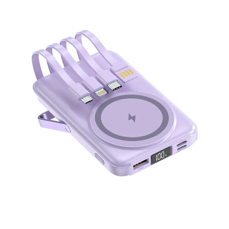 Power Bank Magnética 20.000 mAh – Carregamento Sem Fios com Cabos Integrados e Suporte