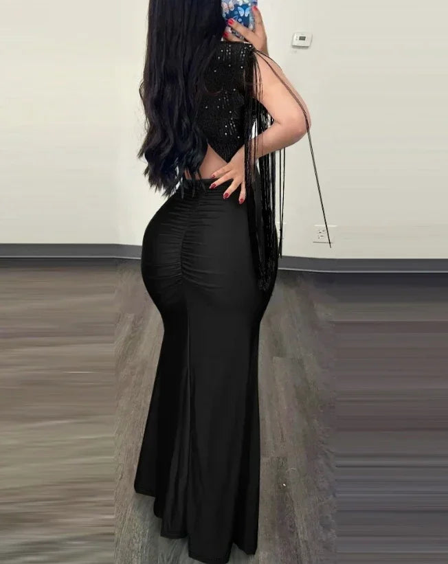 Vestido Longo Elegance Shine – Ombro a Descoberto com Lantejoulas