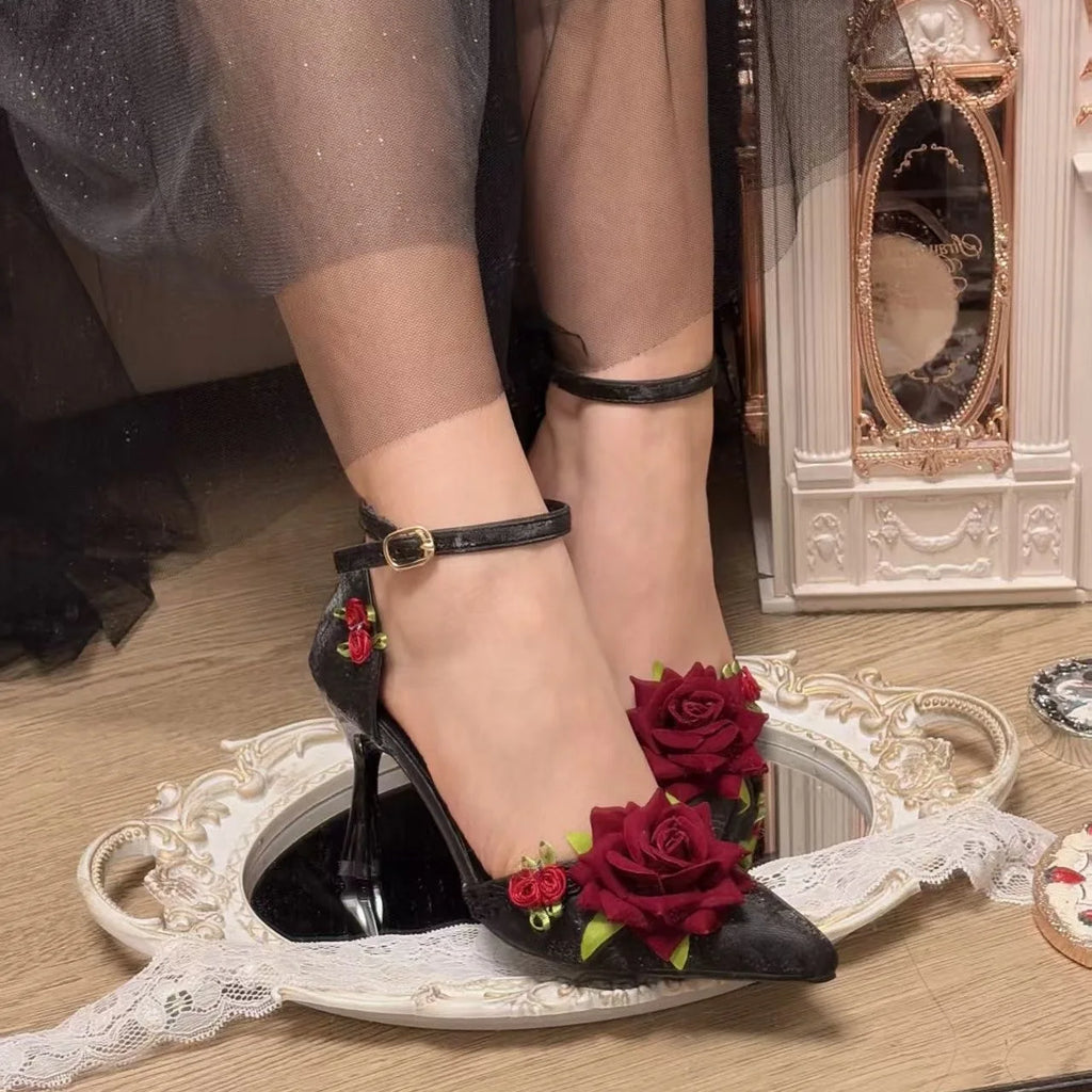 Elegant Woman Heeled Shoes Black Heels for Women Gothic Lolita Red and Black Halloween Shoes Ladies Footwear Pointed Toe