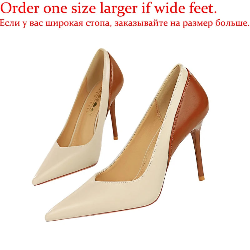 Women Fashion Leather Mix Color 9.5cm High Heels Female Elegant Daily Office Date Shoes Lady Concise Pointed Toe Stiletto Pumps