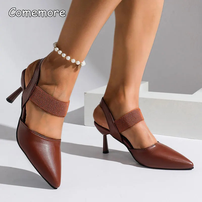 Elegant Rose Red High Heel Sandals for Women Pu Leather Thin Heels Dress Party Shoes Plus Size Elastic Band Pointed Toe Sandals