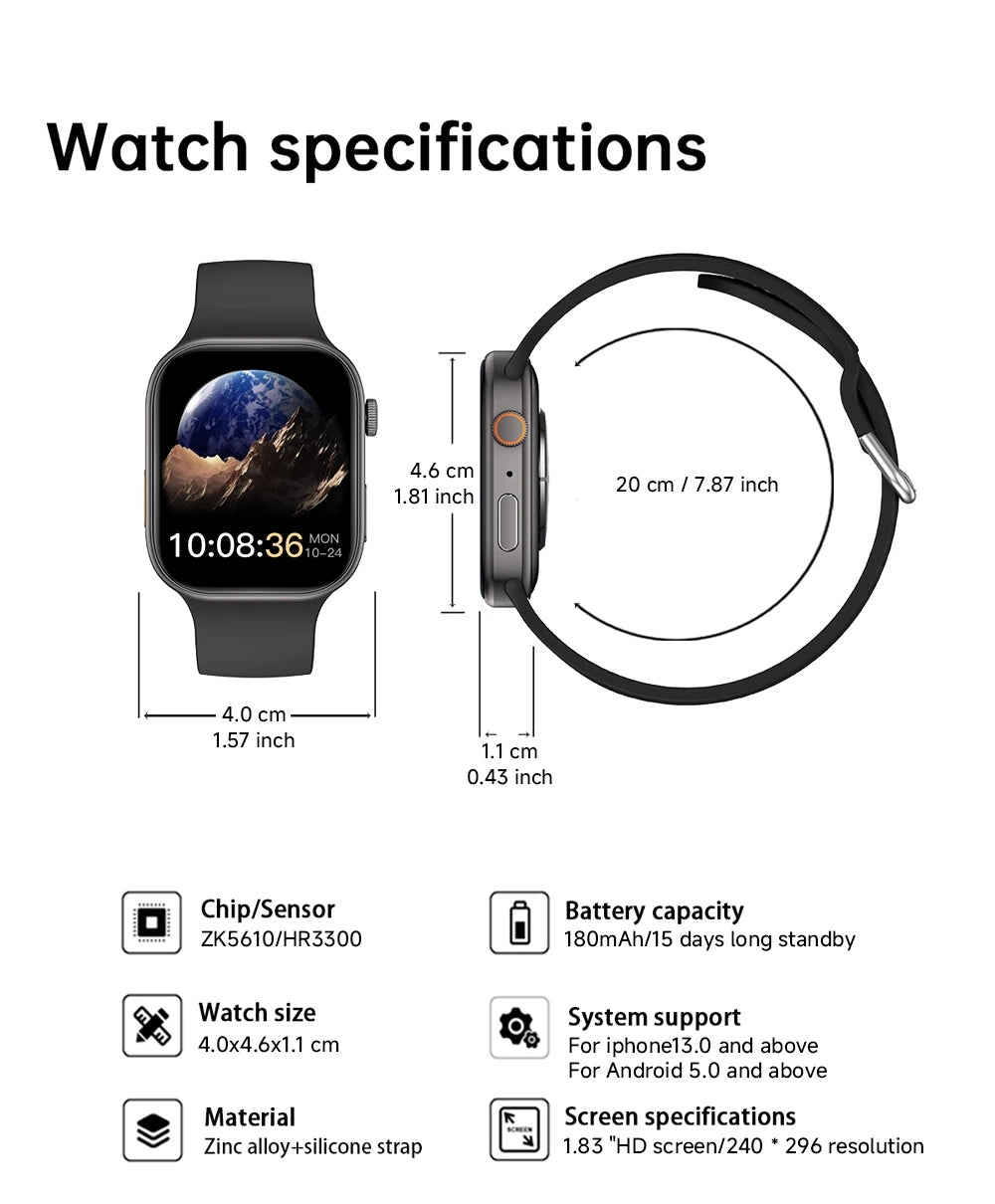 Smartwatch HD 1,83” com Chamadas Bluetooth e Monitorização do Sono.