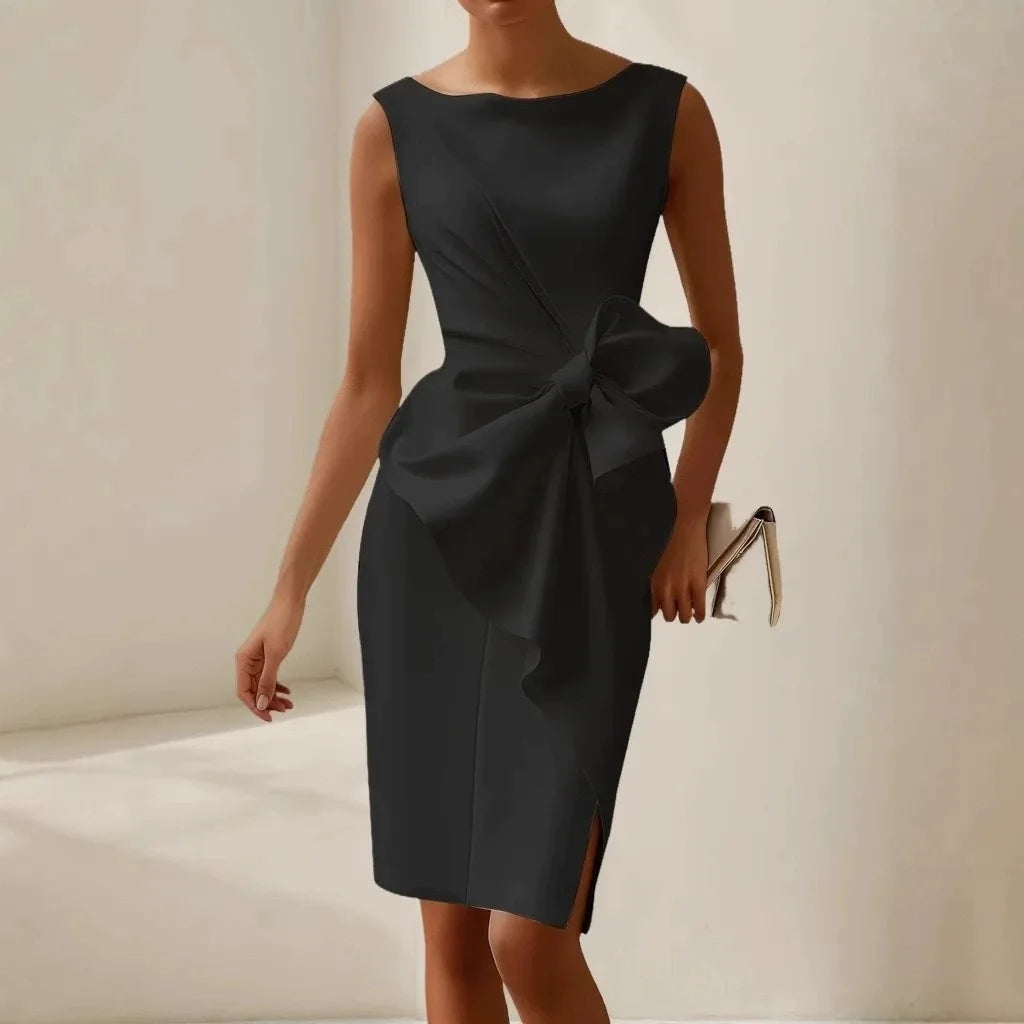 Vestido Elegante Sem Mangas para Mulher com Laço e Cintura Ajustada
