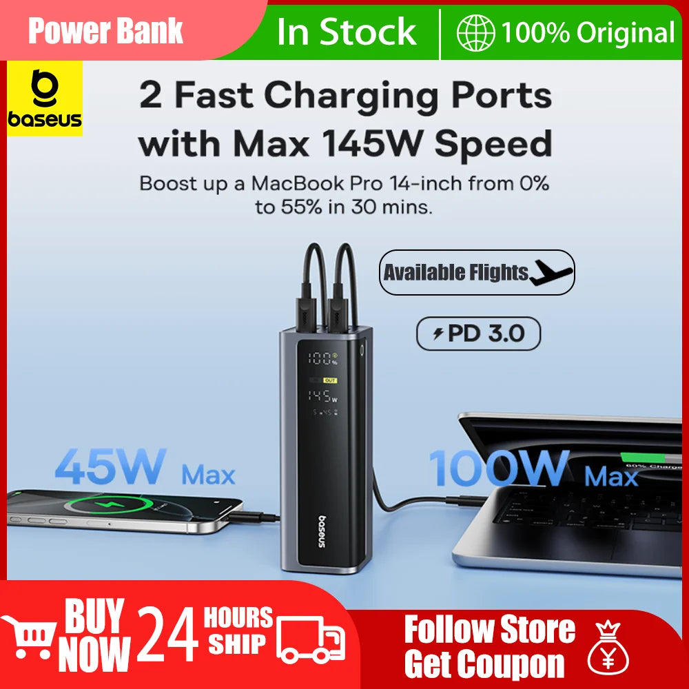Power Bank Baseus 20.800 mAh 145W – Carregamento Rápido PD 100W com Ecrã Digital