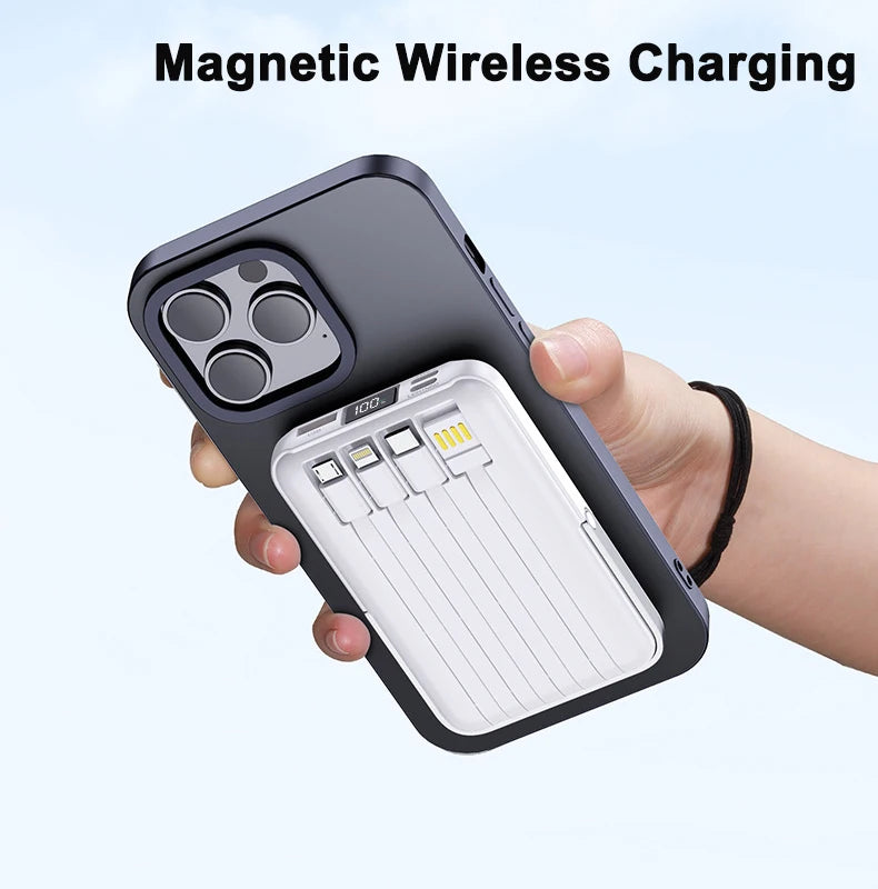 Power Bank Magnética 20.000 mAh – Carregamento Sem Fios com Cabos Integrados e Suporte