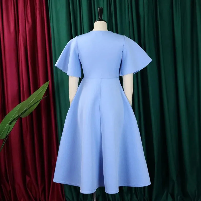 Vestido Elegante Midi para Mulher com Decote em V e Cintura Subida