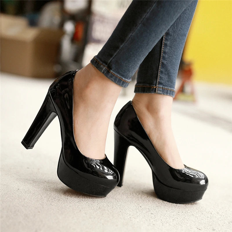 Elegant Women High Heels Platform Shoes Spring Sexy Pumps Patent Blue Pink Black Heeled Party Wedding Shoes Female Large Size 45
