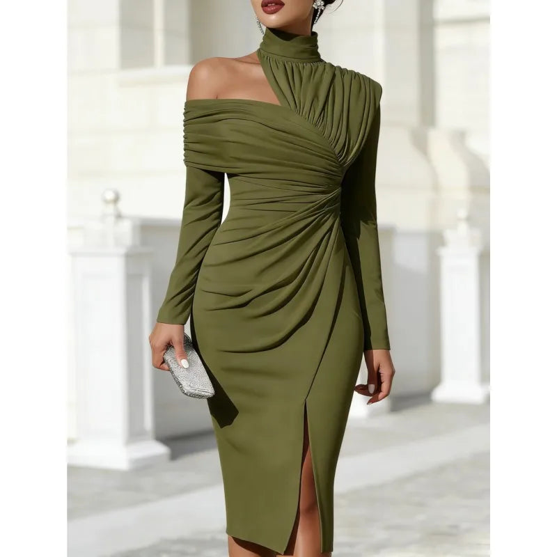 Vestido Midi Elegante de Ombro Descoberto para Mulher