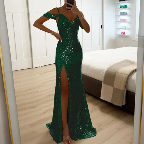 Vestido de Gala Longo com Lantejoulas, Decote em V e Racha Lateral