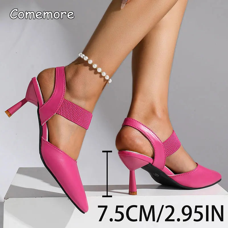 Elegant Rose Red High Heel Sandals for Women Pu Leather Thin Heels Dress Party Shoes Plus Size Elastic Band Pointed Toe Sandals