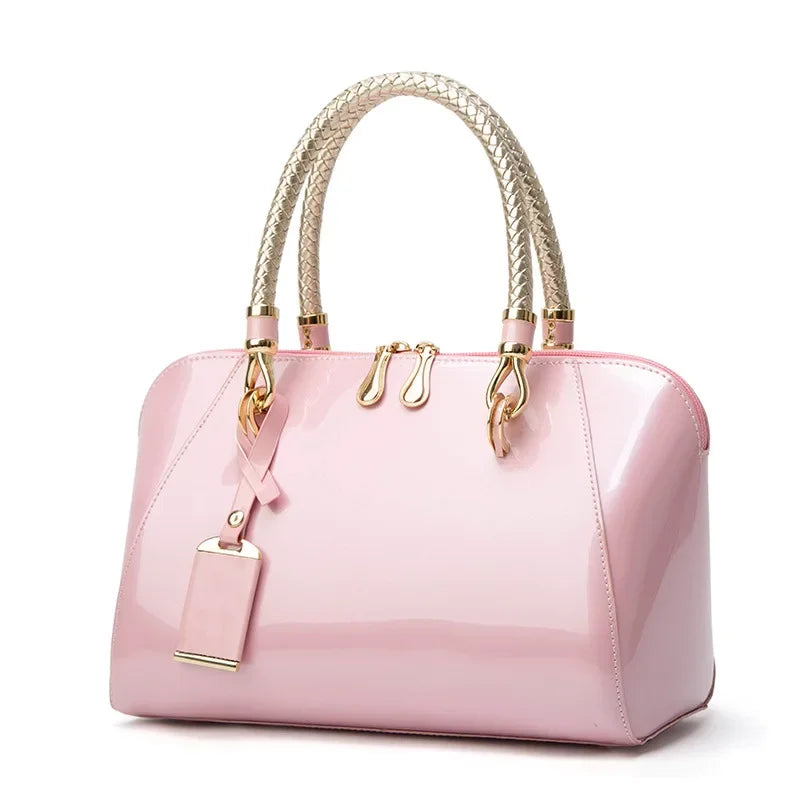 Luxury Designer Handbag Shiny Leather Boston Bag 2024 Fashion New Blue Red Black Beige Pink Bags for Women
