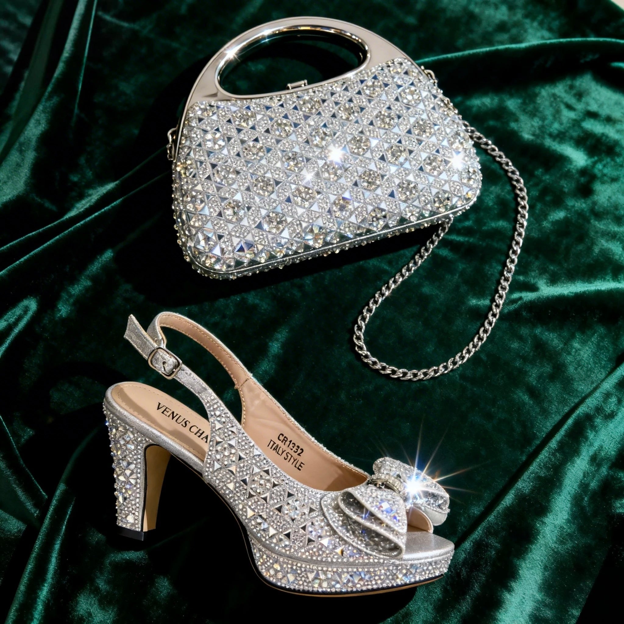 Elegant Italian Women's Party Shoe and Bag Set – Chic Champagne Rhinestone Peep-Toe High Heel Sandals Perfect for Weddings