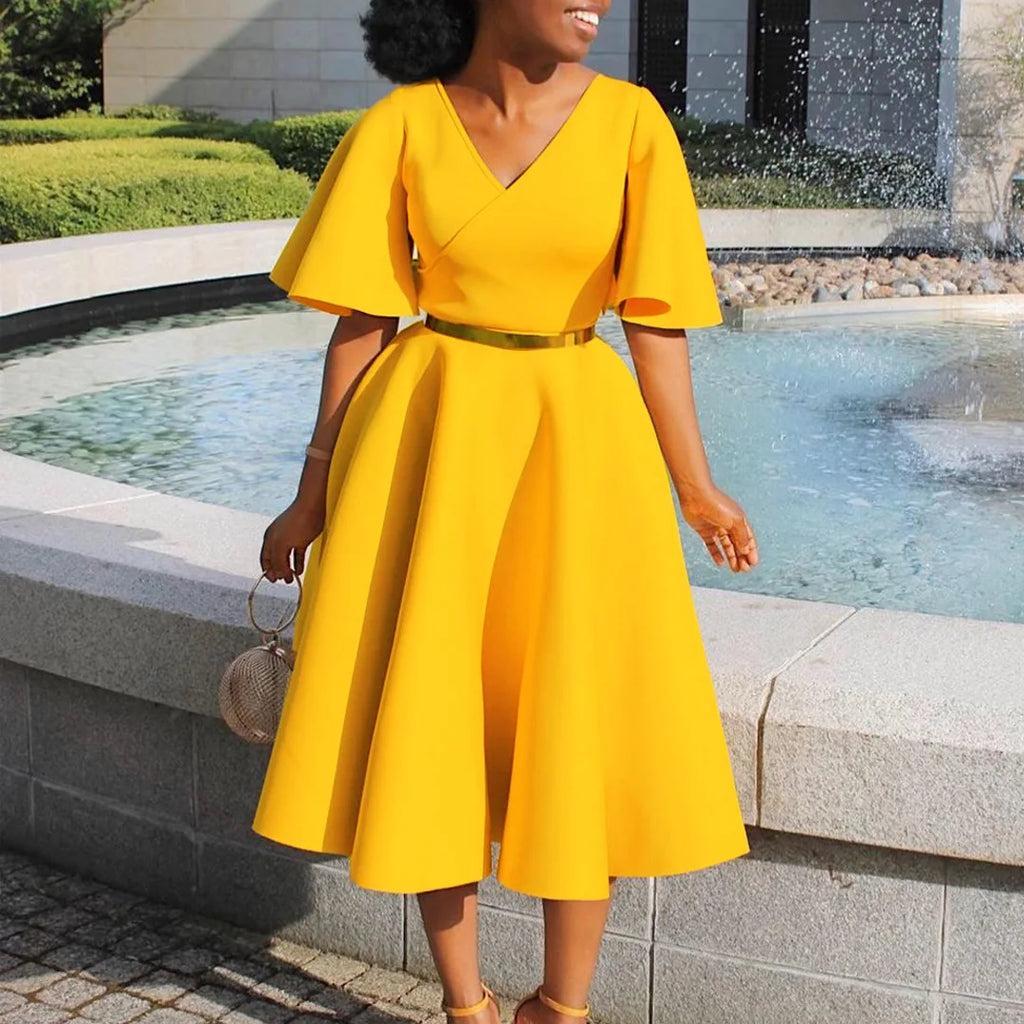 Vestido Elegante Midi para Mulher com Decote em V e Cintura Subida