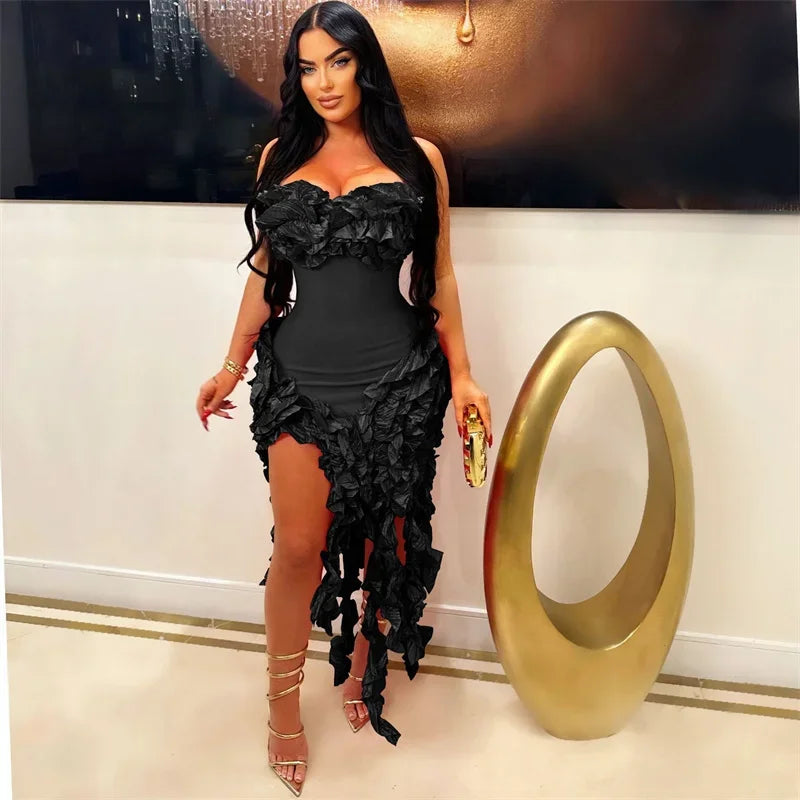 Vestido de Festa com Franjas Elegantes e Alça Assimétrica