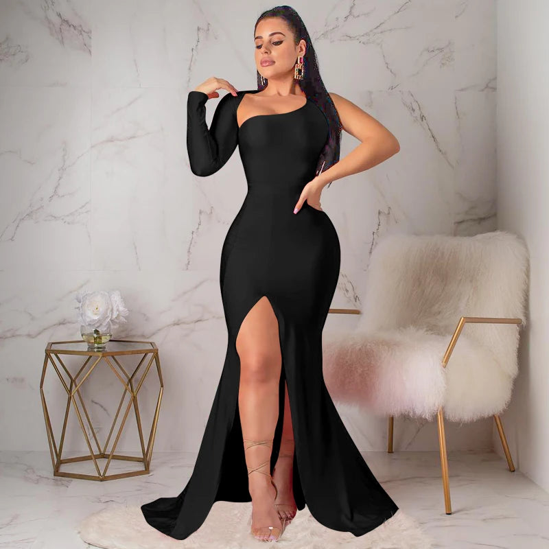 Vestido Longo Elegante de Um Ombro com Abertura Lateral